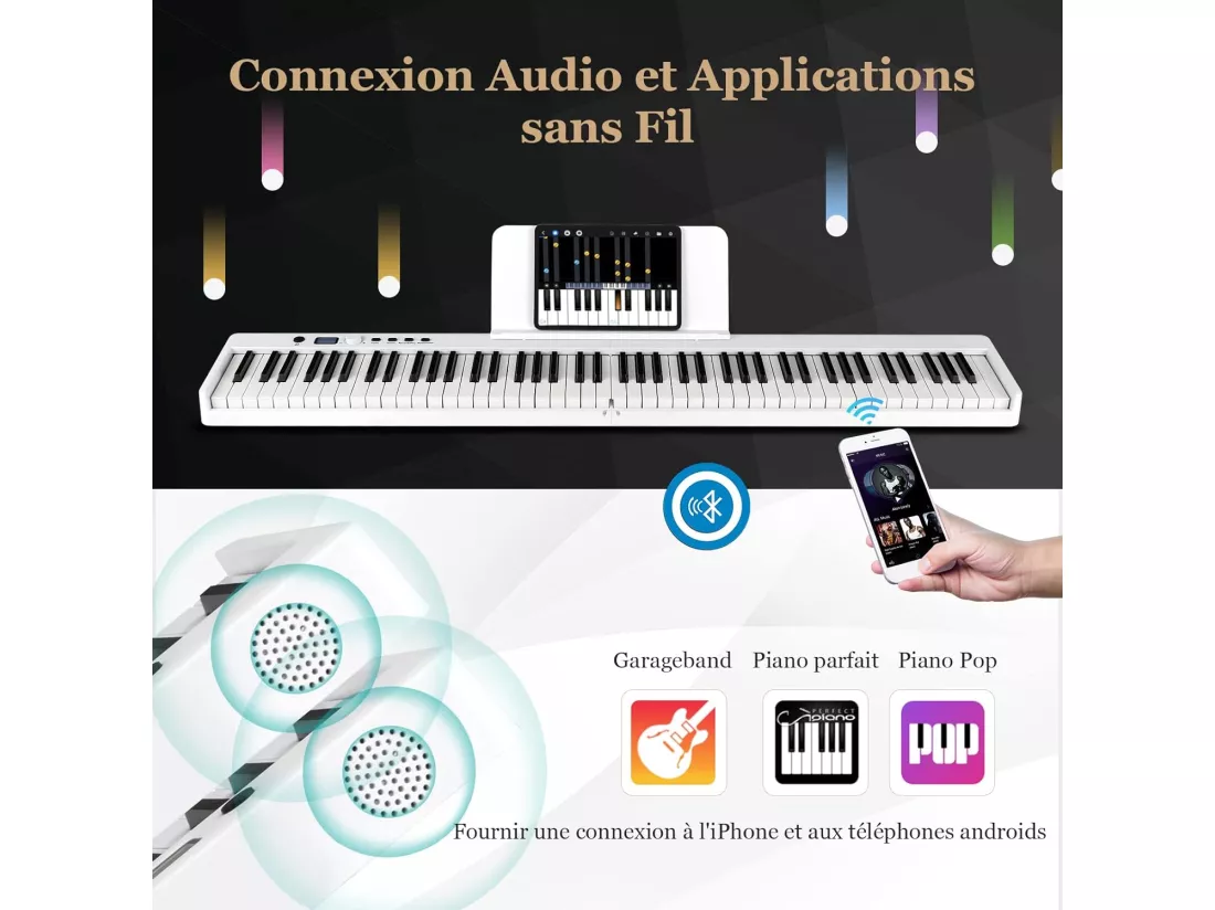 Piano Numérique Pliable à 88 Touches avec Pupitre, 2 Modes d'Apprentissage, MP3/USB/MIDI 126x20,5x6cm, Blanc