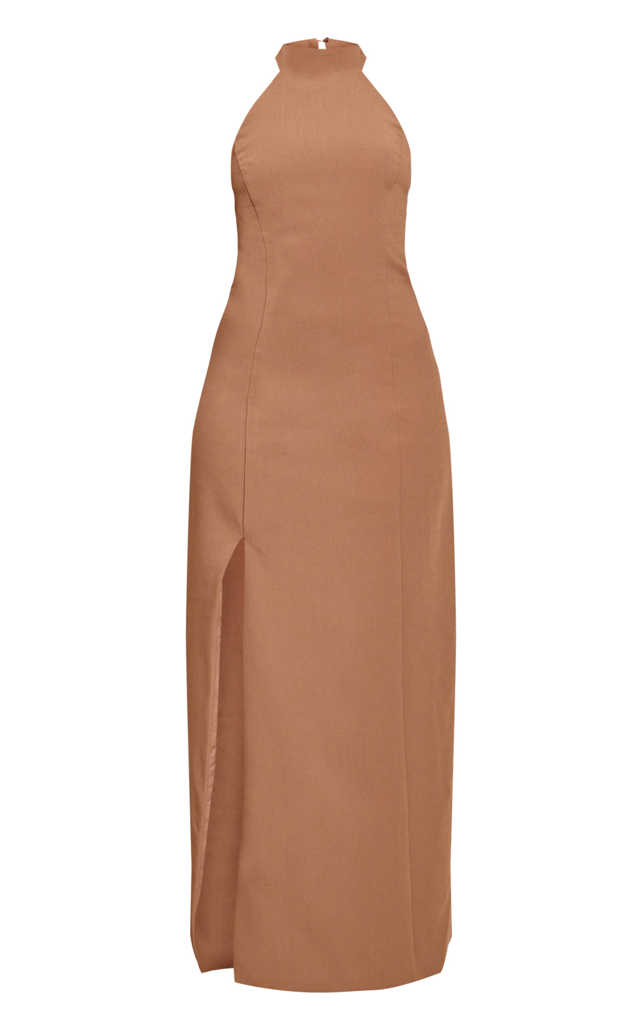 Taupe Robe Longue Ajustée Sans Manches À Encolure Américaine