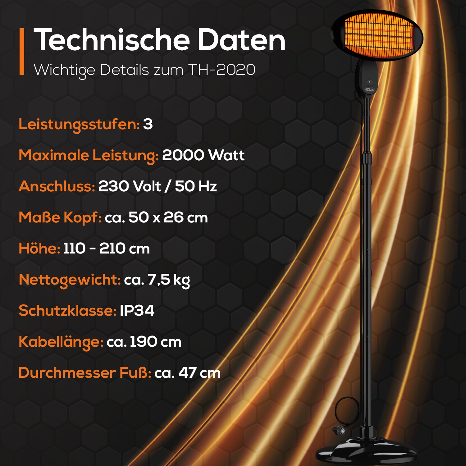 TroniTechnik® Quartz-Heizstrahler mit 3 Stufen, Standstrahler mit verstellbarer Teleskopstange und Kopf, 2000 Watt Terrasse