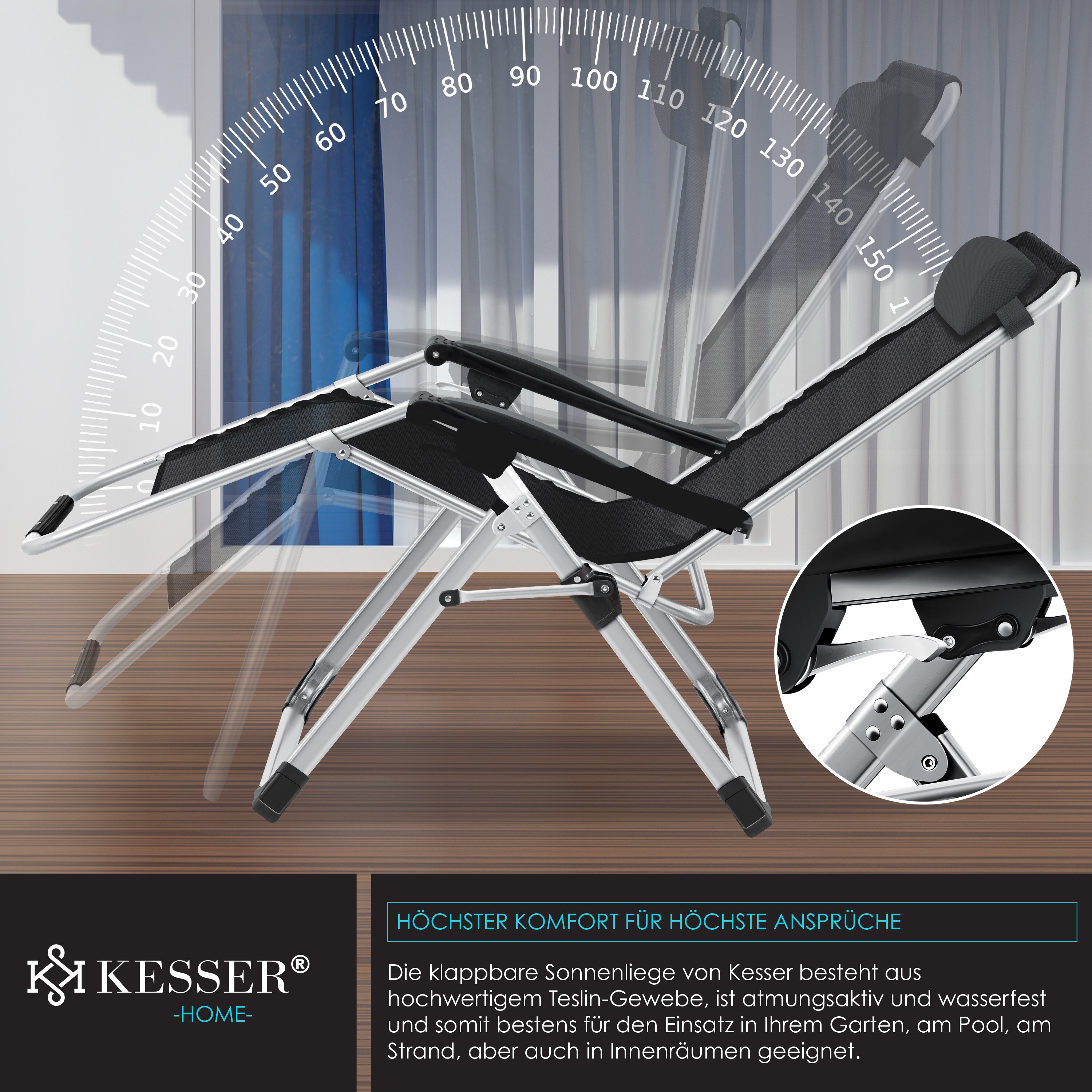 KESSER® Sonnenliege Liegestuhl, klappbare Gartenliege extra breit & Wetterfest, Belastbar 200kg, Ergonomisches Polster, verstellbare Rückenlehne inkl. Nackenkissen, Getränkehalter & Armpolster