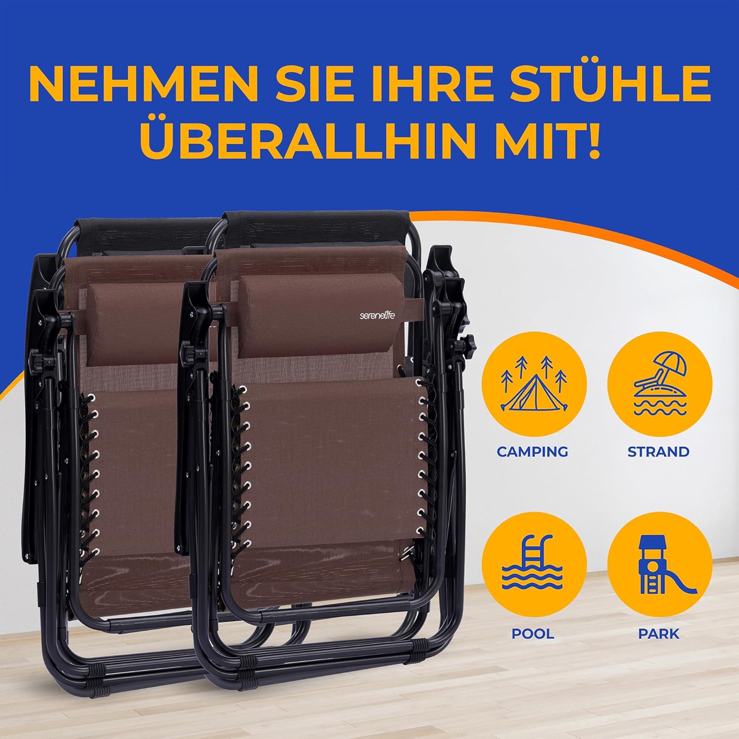 SereneLife Sonnenliege 2er Set Braun – Klappbare Relaxliegen mit Zero Gravity, wetterfest & faltbar, ideal für Garten, Balkon & Camping