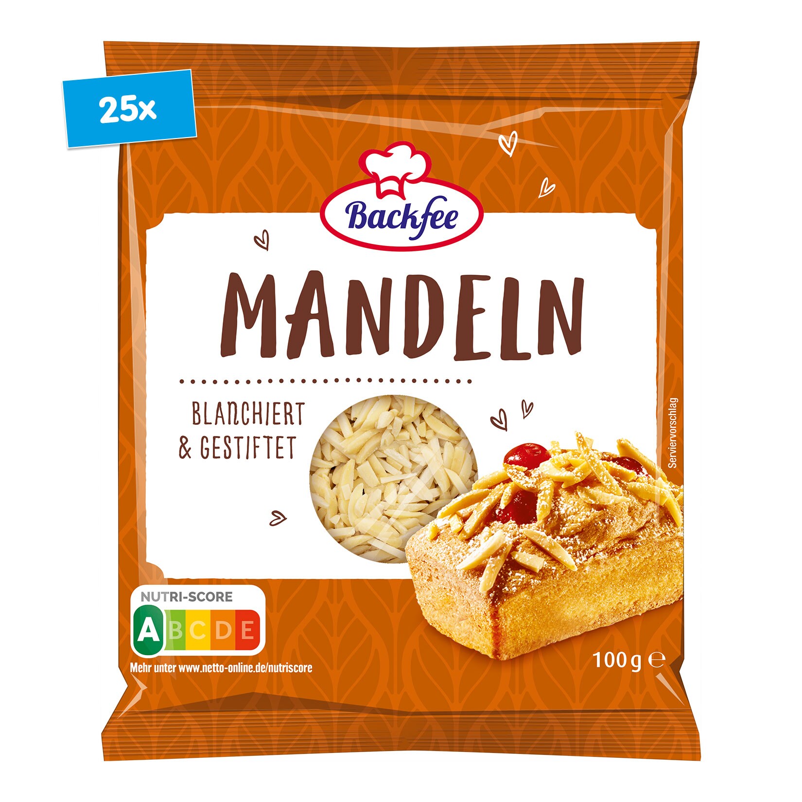 Backfee Mandeln gestiftet 100g, 25er Pack