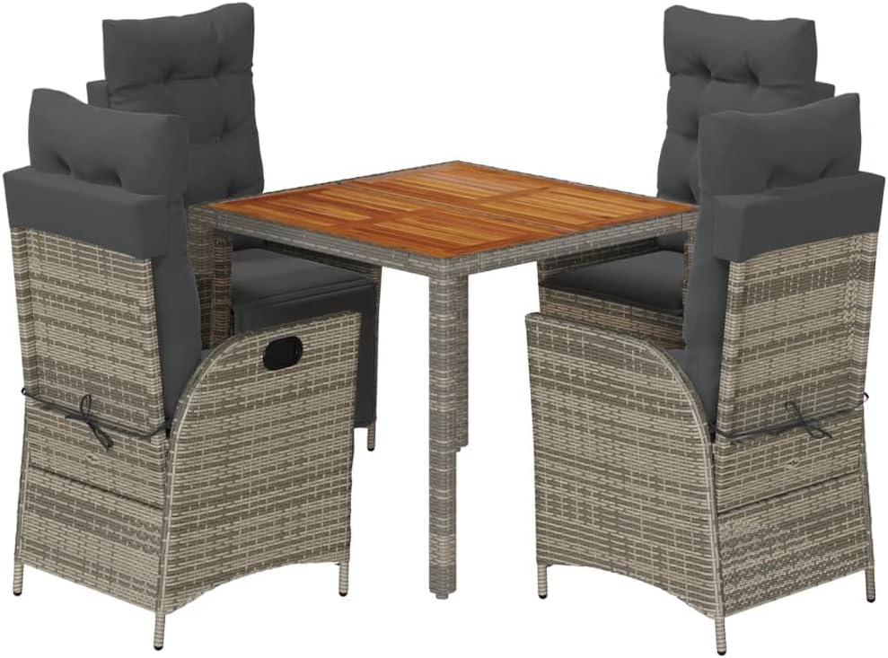 5-teiliges Garten-Essgruppe Grau 90x90 cm aus wetterfestem Poly Rattan mit Akazienholztisch und verstellbaren Sesseln Modernes Design für Balkon Terrasse Garten