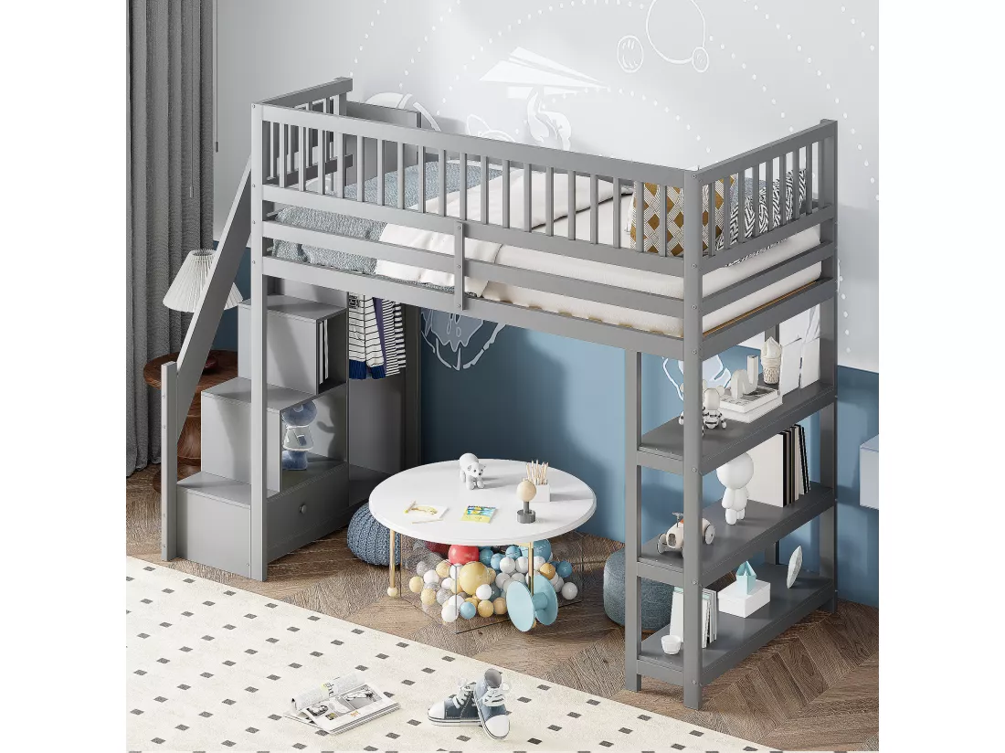 Lit mezzanine 90x200 cm en bois - avec étagères et une penderie - avec barres hautes - Gris