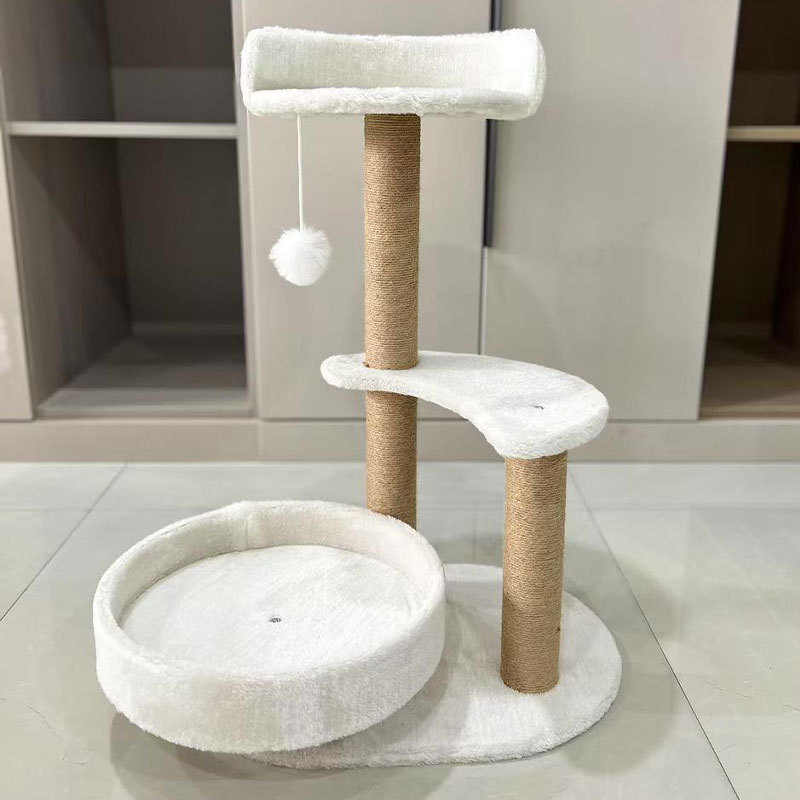 (73cm) Katzen Baum Sisal Kratzsäulen mit Körbchen / Spiel Ball / Aussichts Plattform - Weiss