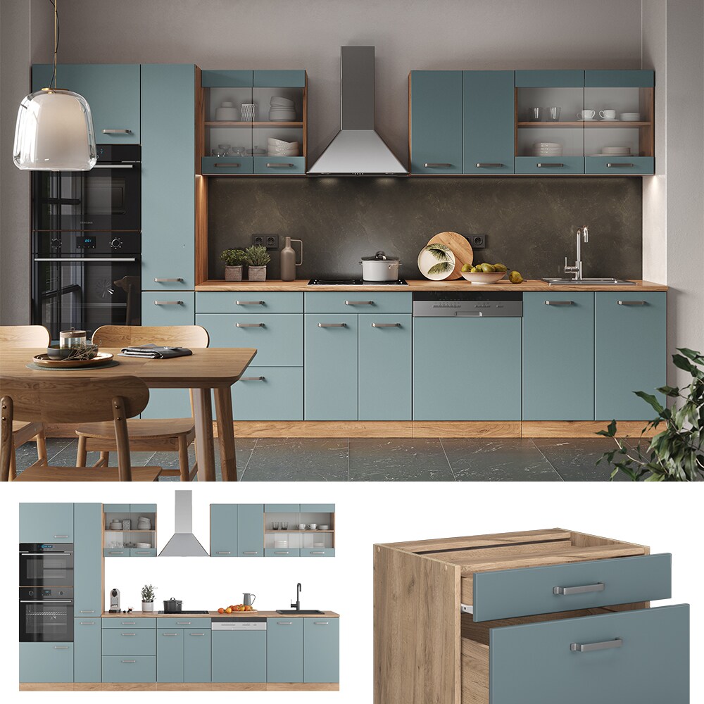 Vicco Küchenzeile R-Line Solid Eiche Blau Grau 350 cm modern Küchenschränke Küchenmöbel