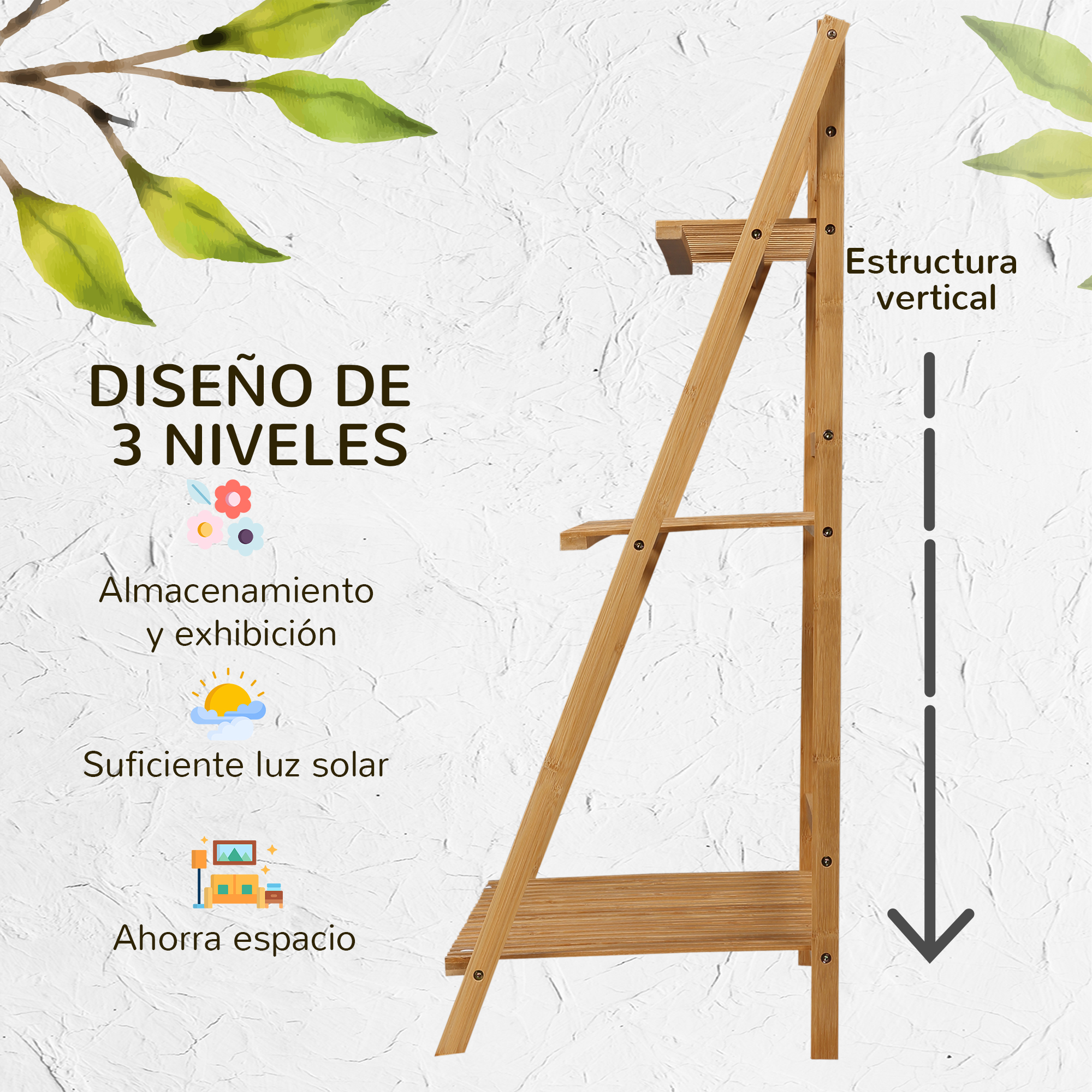 Suporte de bambu para plantas Outsunny com 3 níveis, dobrável, para uso interno e externo, 98 x 37 x 96,5 cm, natural.