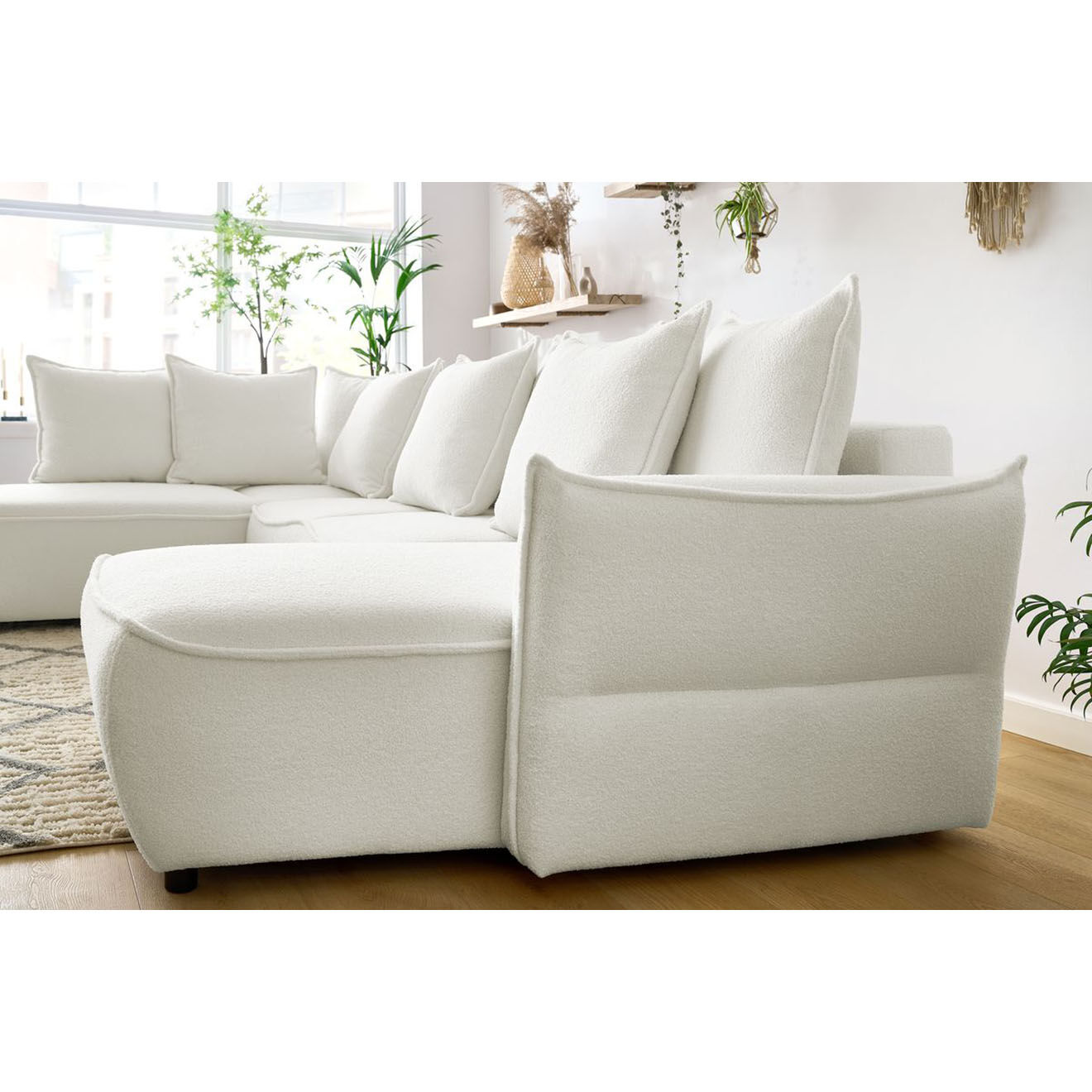 Bobochic Canapé panoramique convertible coffre d'angle droit bouclette léon blanc - 320x194x90 cm