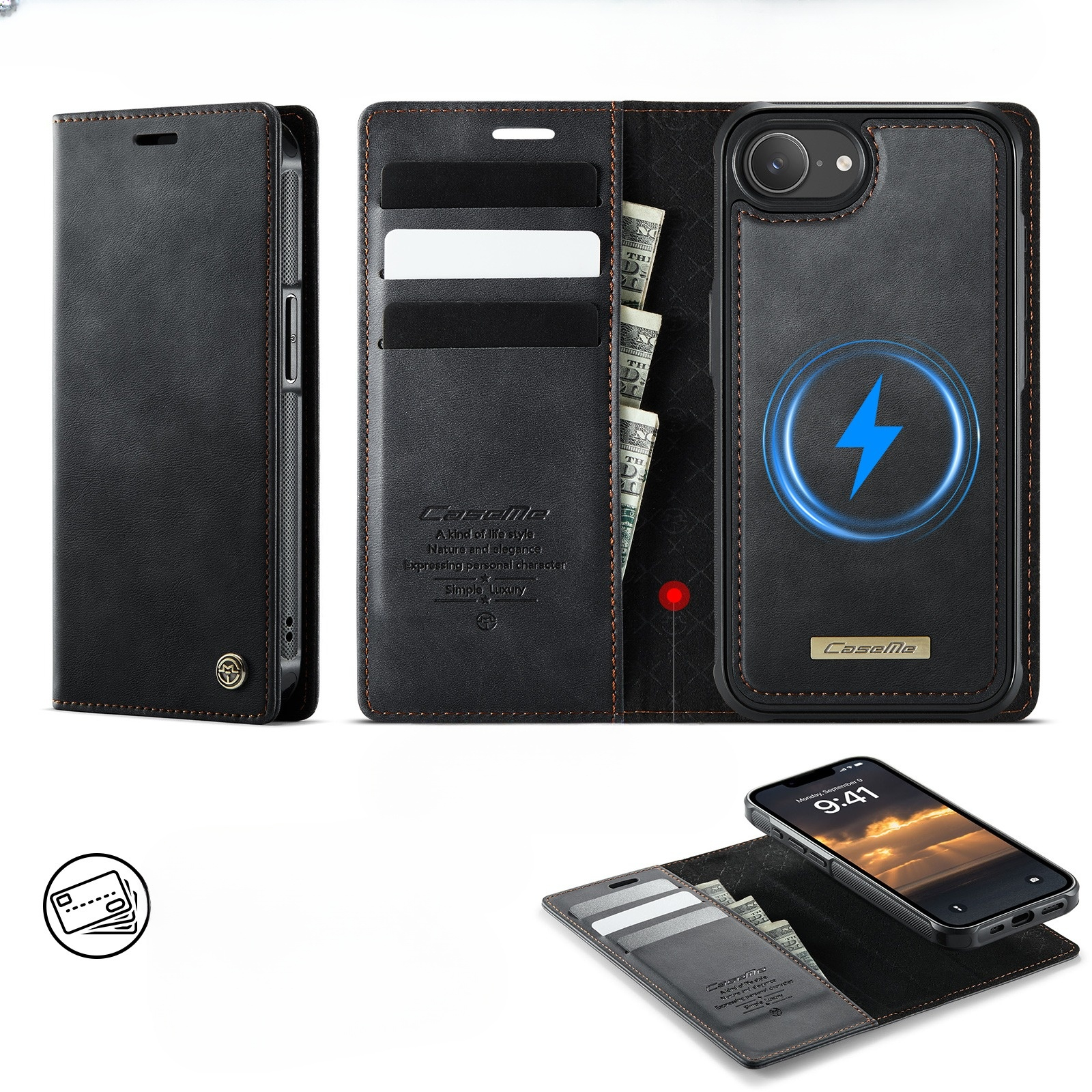 iPhone 16e 2in1 MagSafe Leder Tasche   Magnet Hardcase Karten Etui (RFID Schutz) - Schwarz