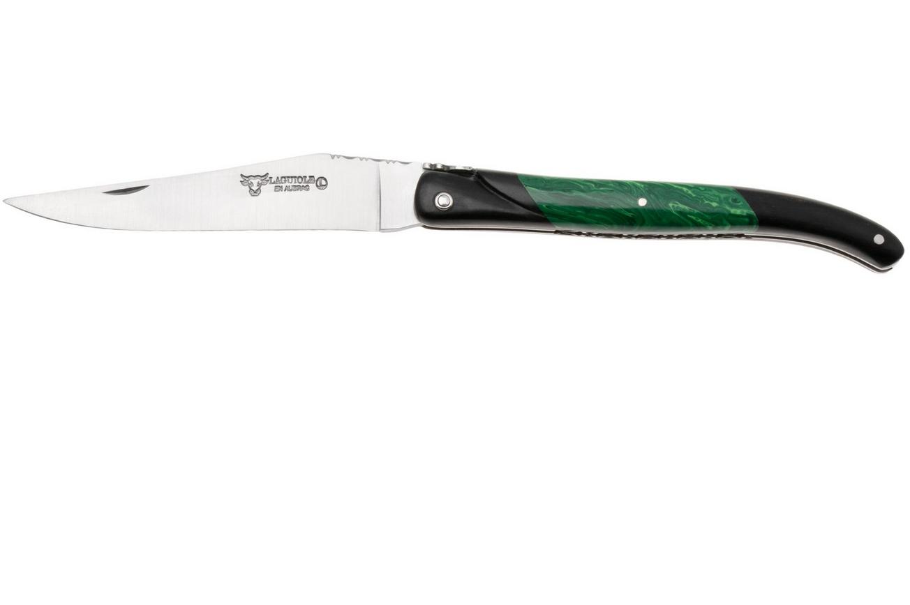 Laguiole en Aubrac Ebony, Malachite Inlay, Handcarved Plates, zakmes, 12 cm