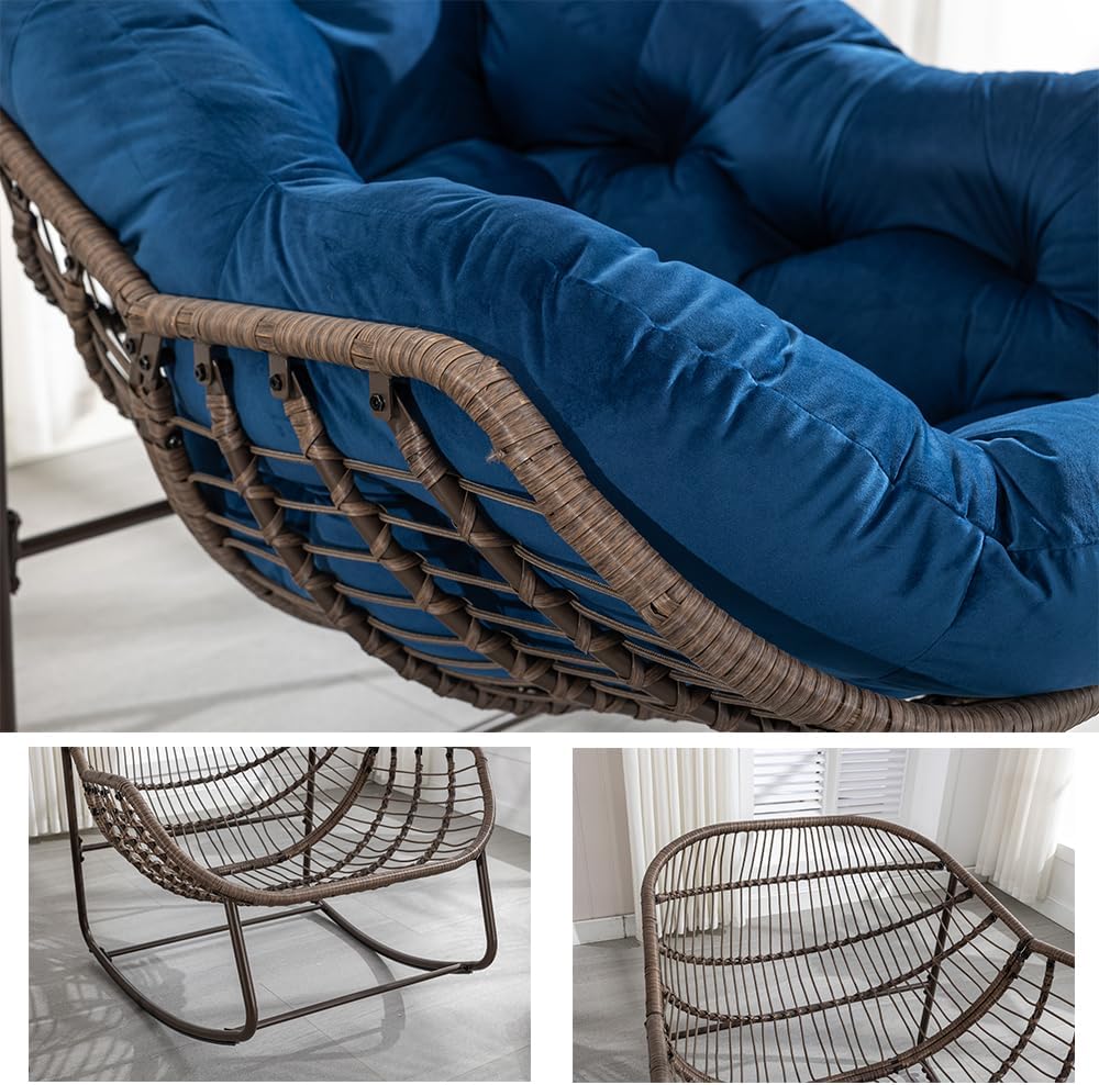 Schaukelstühle 1PCS – Moderner Außengarten-Rocker mit Dicker Polsterung, Oversized Rattan Ei-Schaukelstuhl für Balkon, Terrasse, Garten, Innen & Außenbereich, Tiefblau