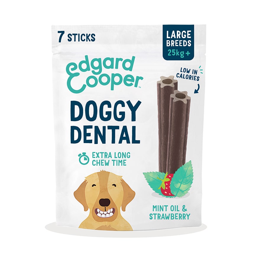 Palitos dentais Edgard & Cooper com sabor de morango e menta para cães de grande porte.