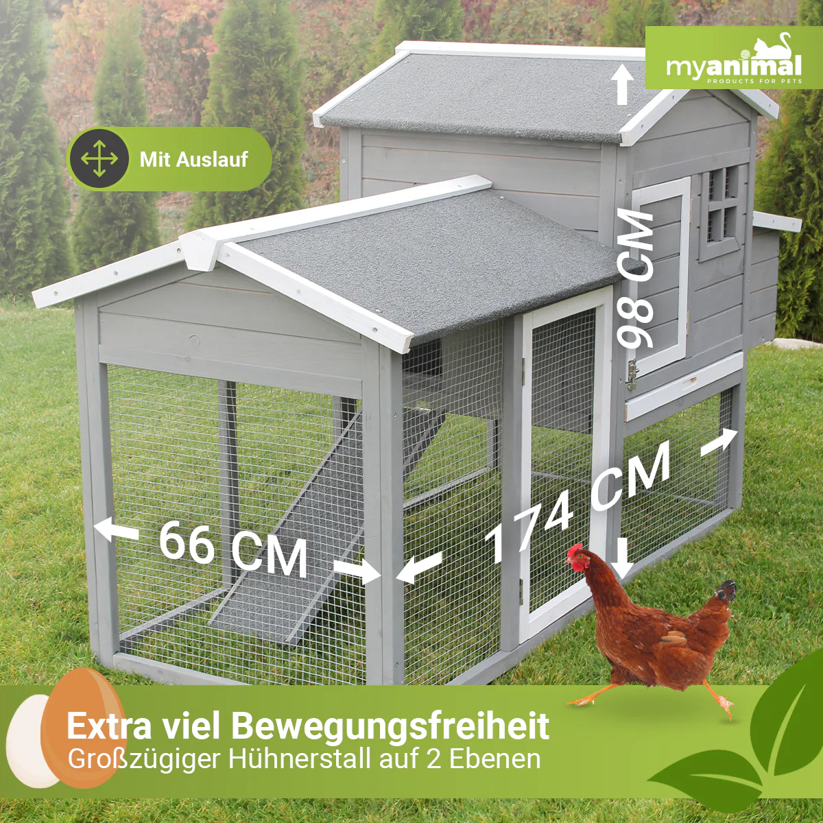 MyAnimal Hühnerstall für 3 Hühner MH-21 mit Eiablage, Dach wasserabweisend, verzinkter Draht