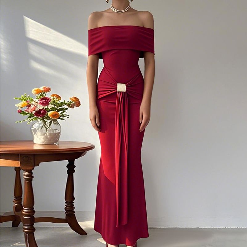Alizio - Maxi-jurk met korte mouwen en off-shoulderprint en ruches
