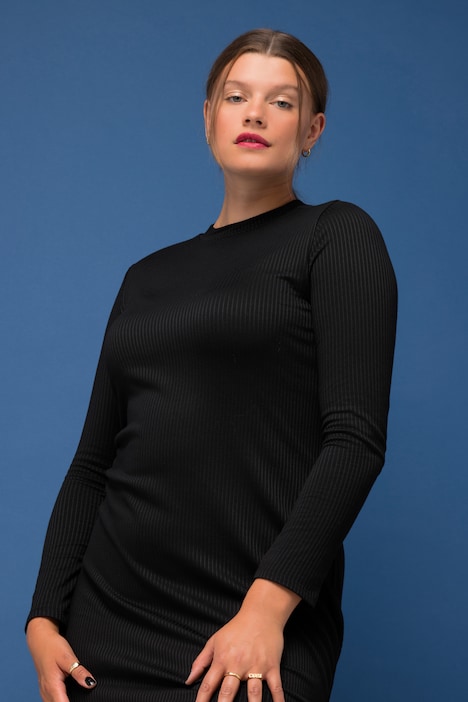 Jersey-Midikleid, Slim Fit, Rippjersey, Stehkragen, Langarm