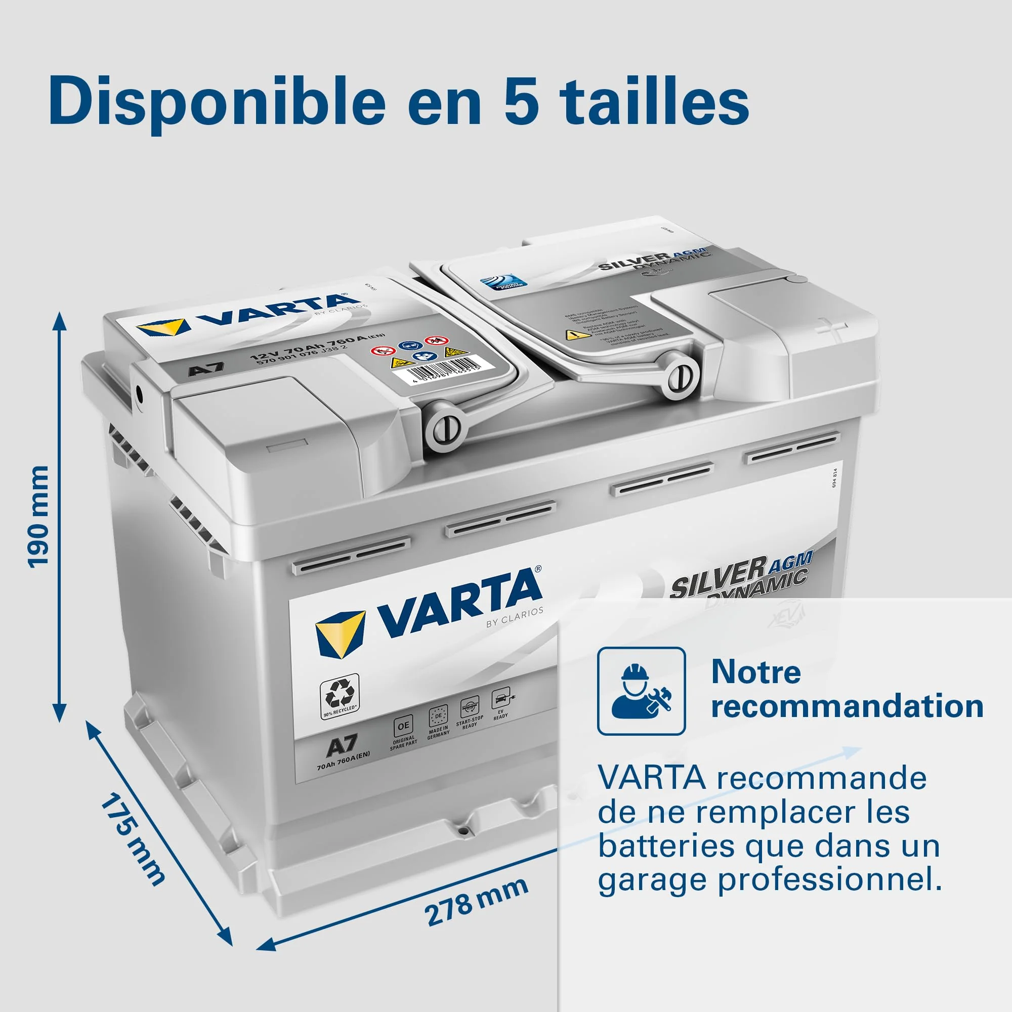 Batterie de démarrage XEV Varta Silver Dynamic AGM L3 A7 12V 70Ah / 760A 570901076