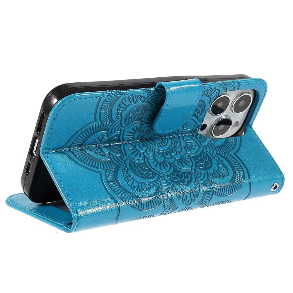 iPhone 13 Pro Leder Tasche Wallet - Mandala Flowers Imprint - Blau