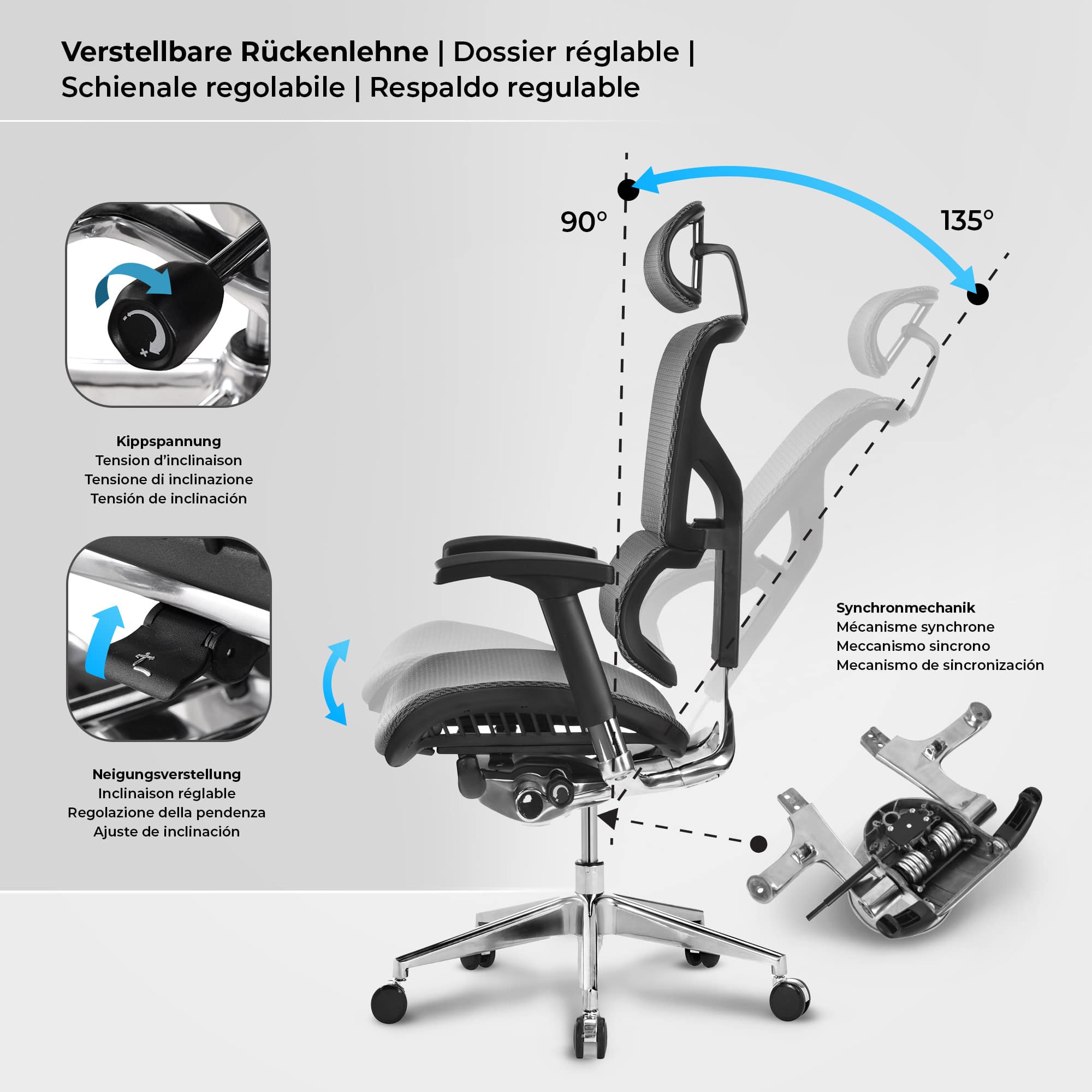 CLP Bürostuhl Spokane Ergonomic I Ergonomischer Schreibtischstuhl I Kopfstütze