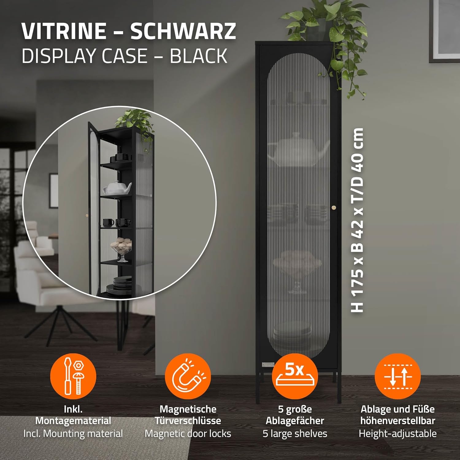 ML-Design Vitrinenschrank 42x175x40 cm, Schwarz, Schmale Vitrine mit 5 Ablagen und 1 Tür, Wohnzimmer Metallschrank aus Stahl, Industrieller Stil, Hochschrank Bücherschrank Aktenschrank Büroschrank