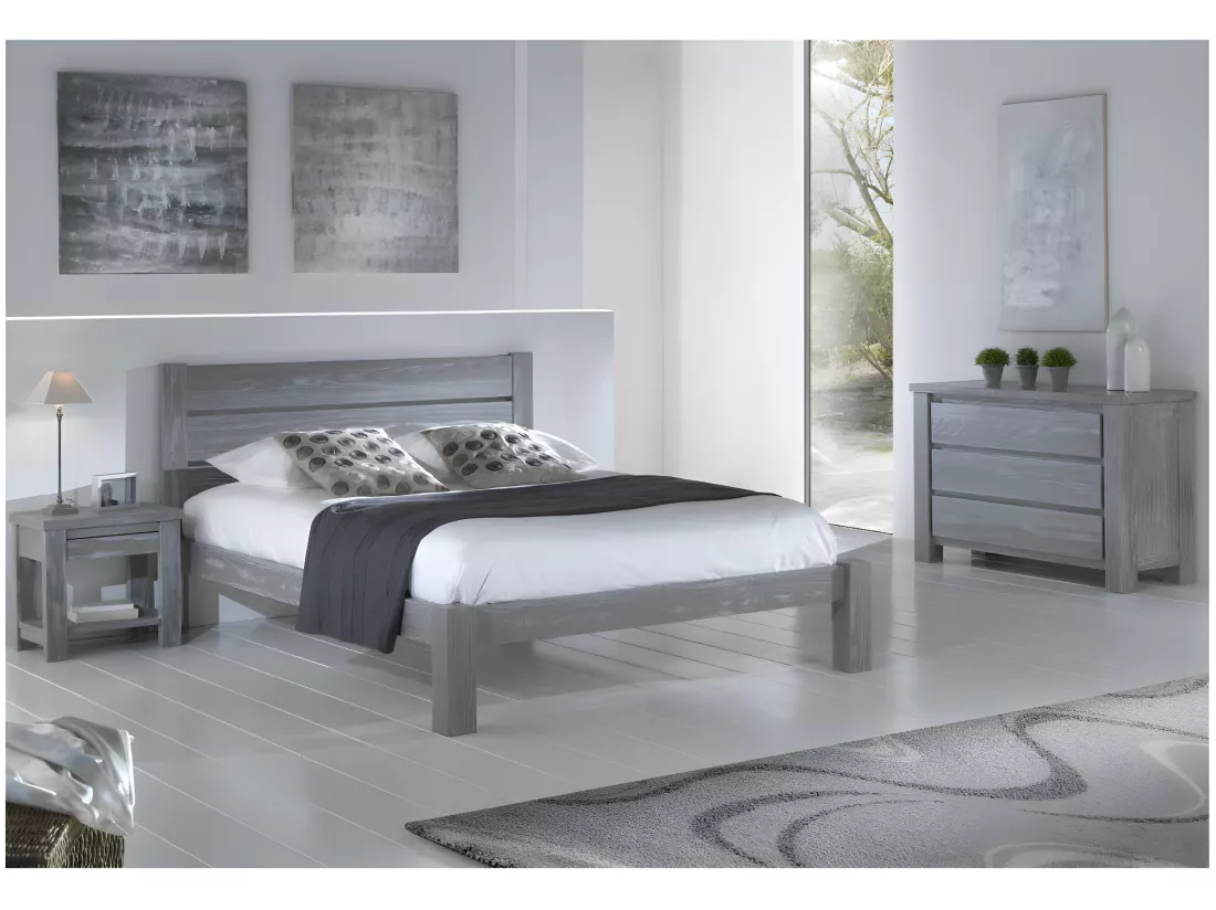 Chambre Complète (180*200) bois massif Gris - GABRIEL