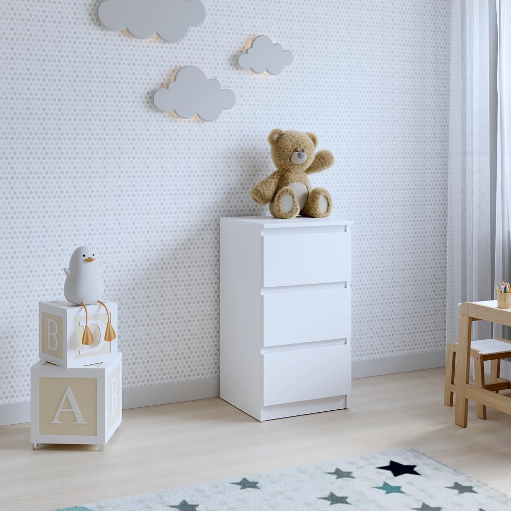 Kommode mit 3 Schubladen | Weiß 40 cm Ideal für Schlafzimmer, Wohnzimmer, Kinderzimmer und Büro | Geräumige Kommode| Modernes Design | 40 x 75 x 40 cm