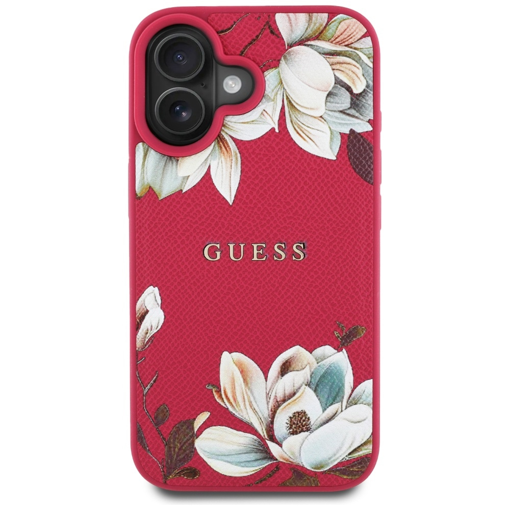 iPhone 16 MagSafe Leder Hardcase Hülle Grained Printed Flower (GUHMP16SPGNMPLMF) - Rot