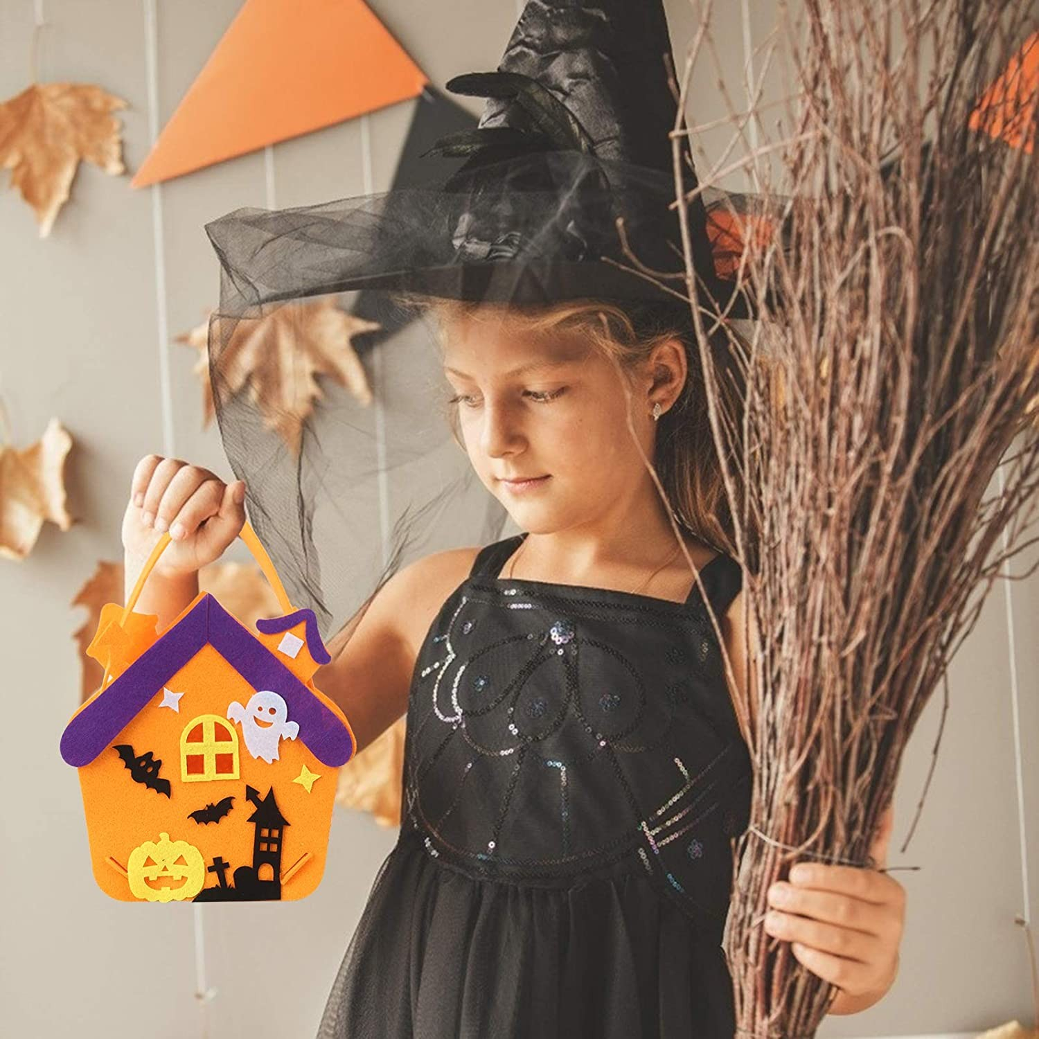 (6er Set) Halloween Bastelset Süssigkeiten Tasche Vliesstoff Geschenkbeutel - Eule / Fledermaus / Kürbis / Totenkopf / Haus