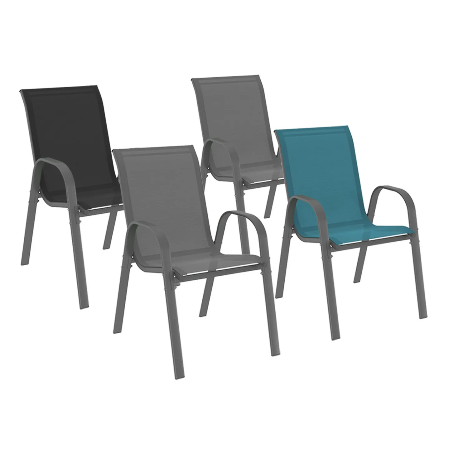 Lot de 4 chaises de jardin LYMA métal et textilène empilables mix color gris, noir et bleu