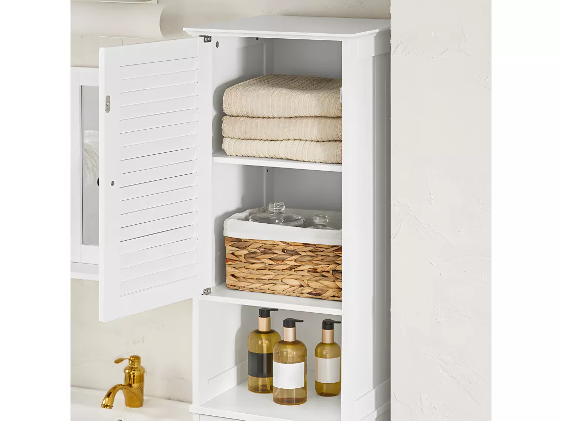 SoBuy Meuble Colonne de Salle de Bain, Placard Armoire Toilette Haute, Meuble de Salle de Bain, Meuble de Rangement avec 1 Porte, 1 Tiroir et 1 Panier à Linge Amovible, 40x38x170cm, BZR124-W