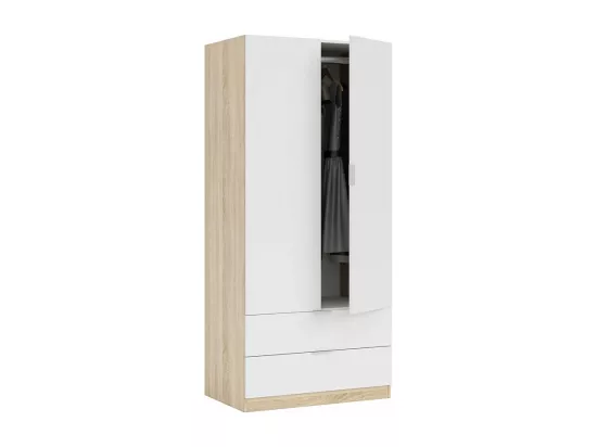Armoire avec 2 portes et 2 tiroirs, Finition blanc et bois, 81 cm (L) x 180 cm (H) x 52 cm (P)