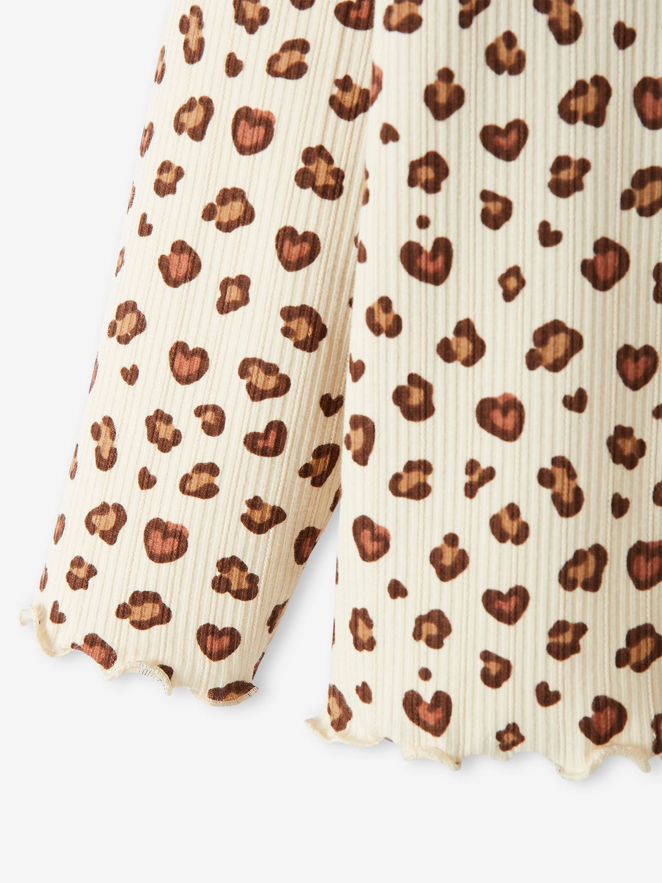 Camiseta de gola alta em malha canelada com mangas franzidas, estampa bege claro, para meninas.