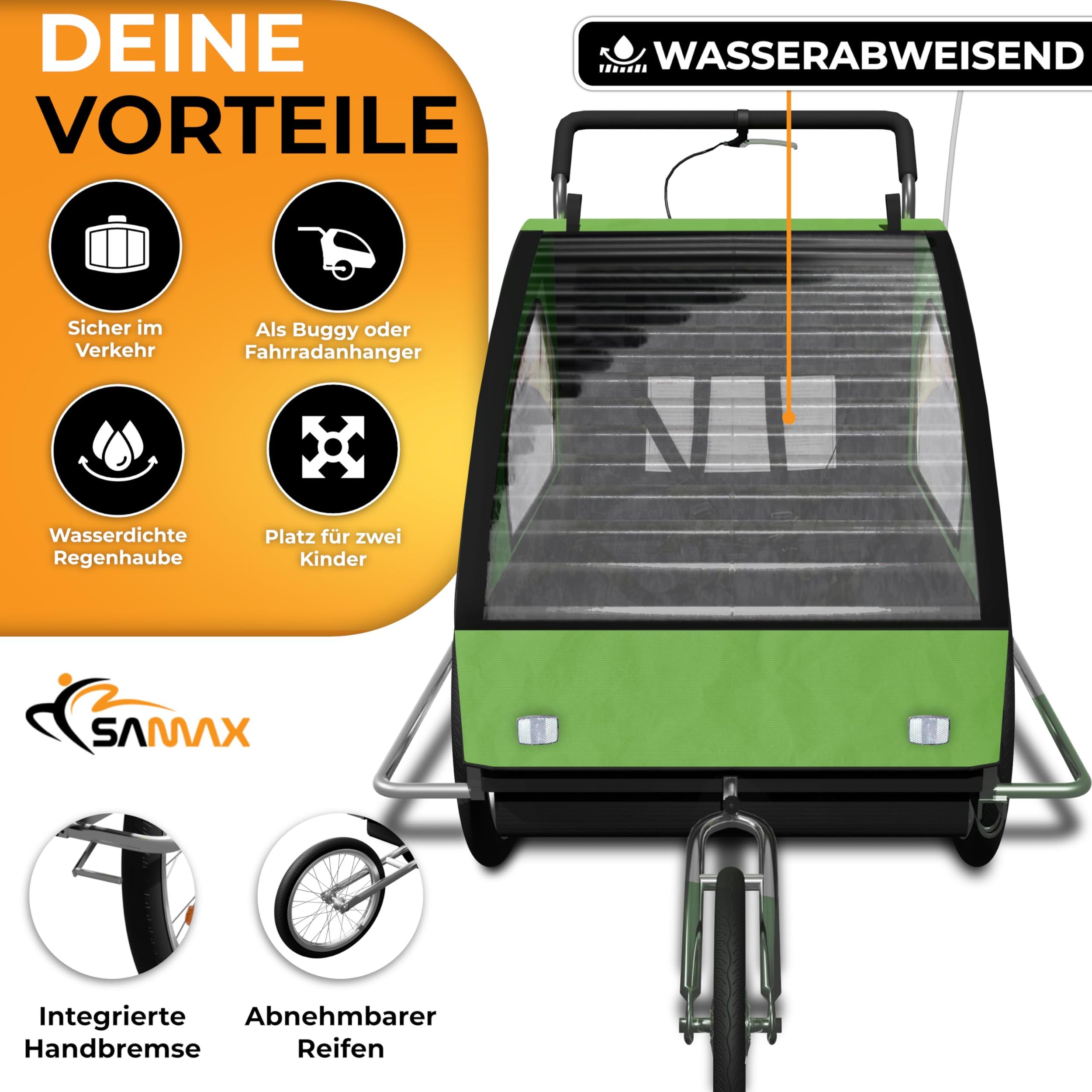 SAMAX Fahrradanhänger 2in1 Jogger - in Grün/Schwarz - Silver Frame