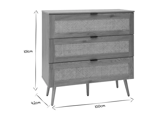 Commode finition bois clair, cannage en rotin et métal noir 3 tiroirs L100 cm MANILLE