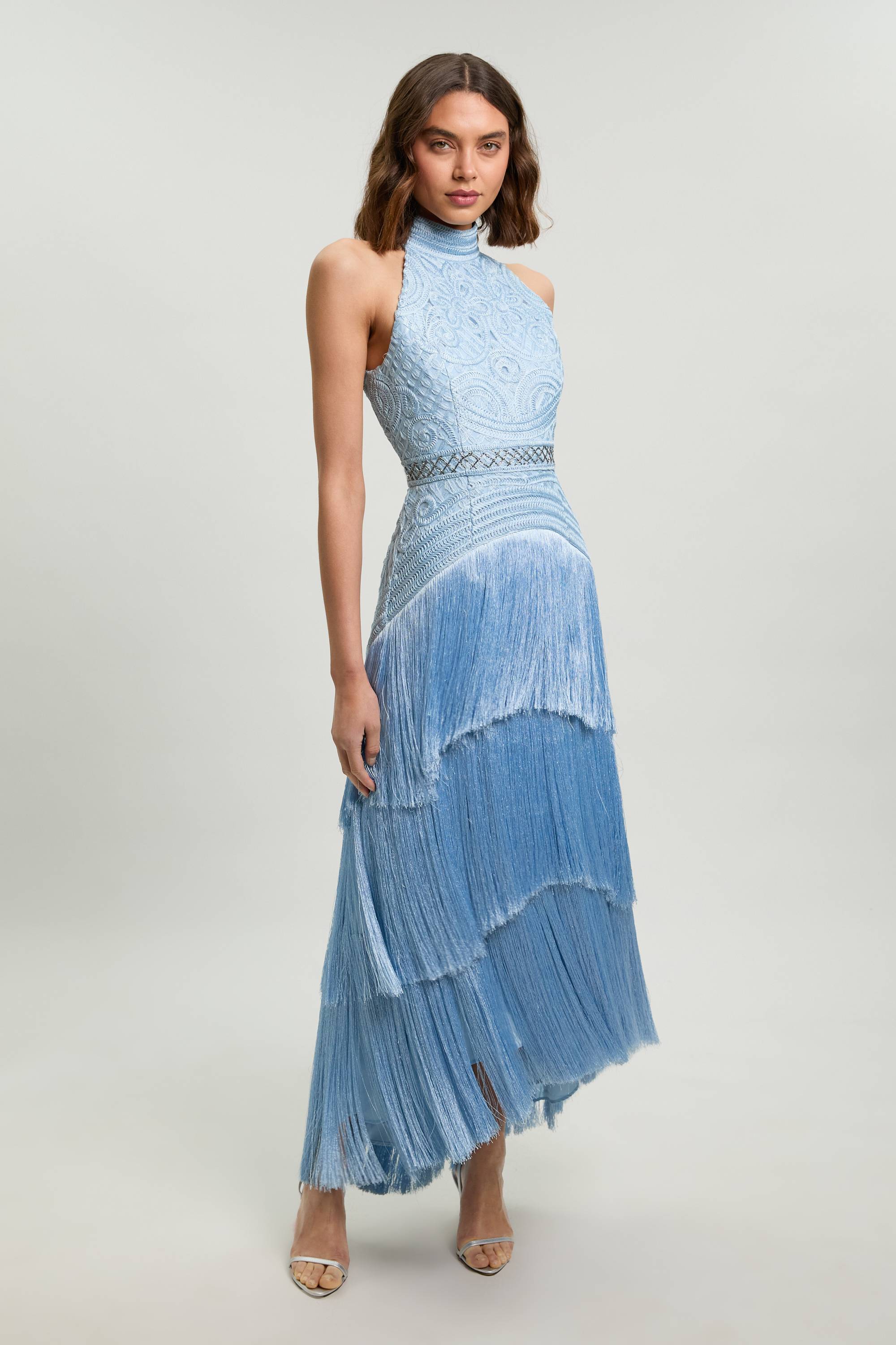 KarenMillen Robe Longue Tissée À Col Licou Avec Perles Et Franges