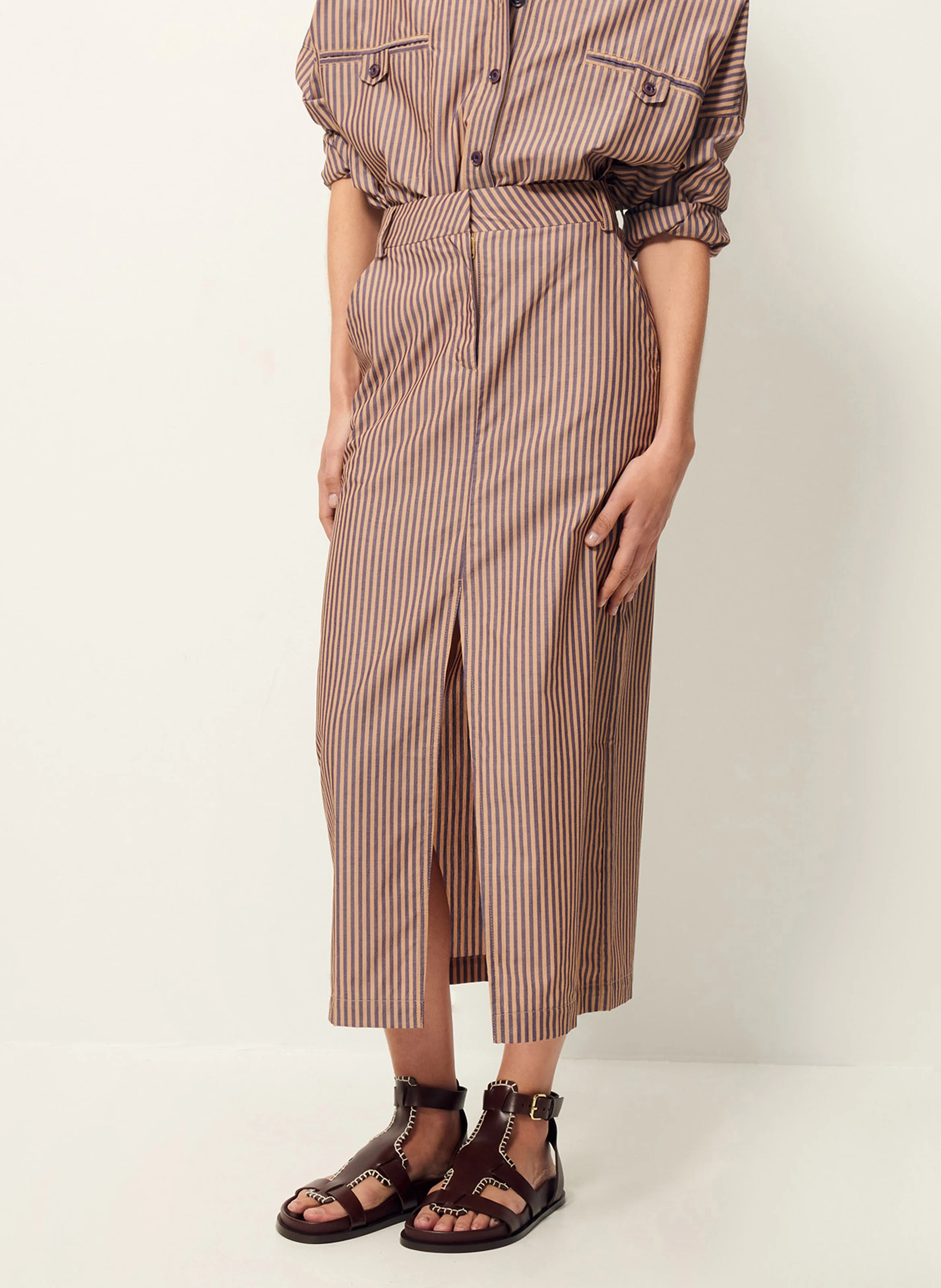 Jupe longue droite en coton | Marron