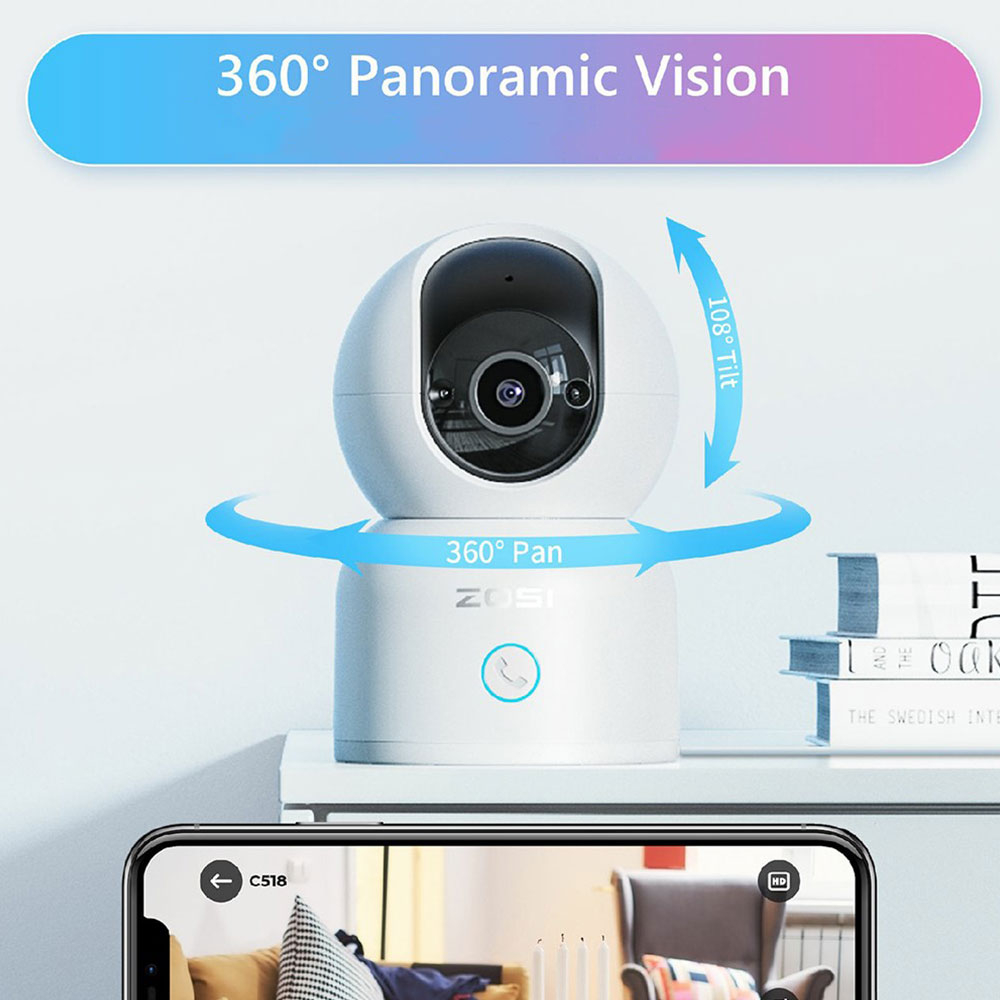 (3MP) 360° Indoor WiFi Internet IP Kamera 2K 2304x1296 Nachtsichtfunktion / Zwei-Wege-Audio / Micro SD Slot / 5Ghz (IP64) - Weiss