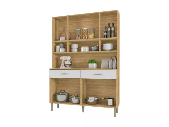 Buffet de Cuisine 8 Portes 2 Tiroirs Chêne et Blanc L 121.4 H 173.5 P 36.3 cm