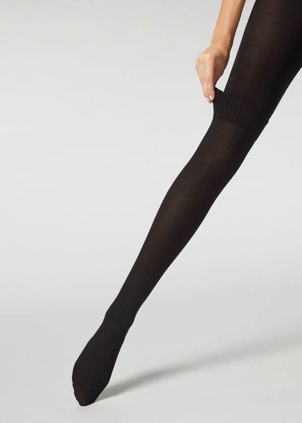 Meia-calça canelada com efeito longuette e cashmere.