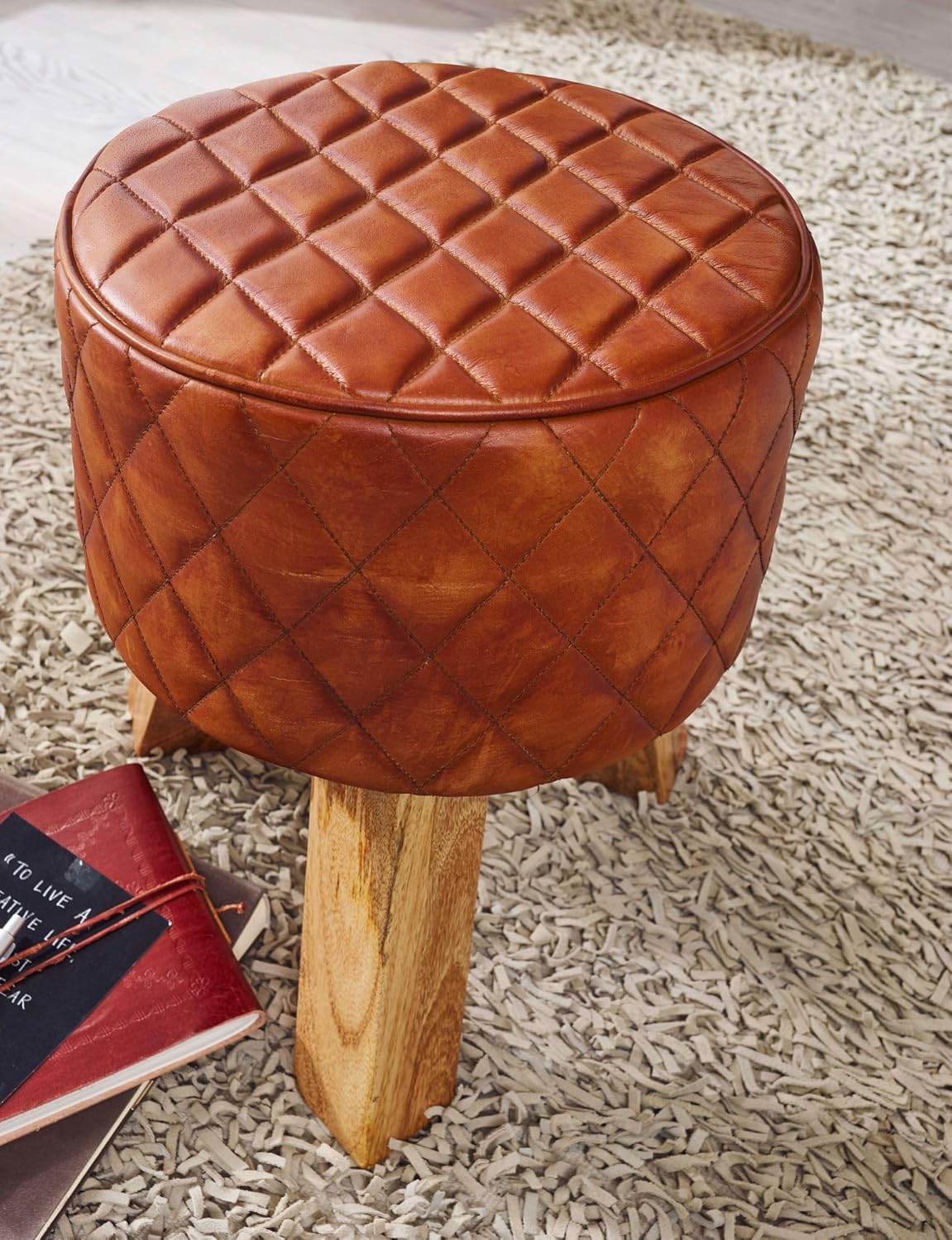 FineBuy Sitzhocker Echtleder/Massivholz 35x46x35 cm Modern Fußhocker Rund, Turnbock Lederhocker Braun, Kleiner Hocker Gepolstert, Holzhocker mit Leder-Bezug
