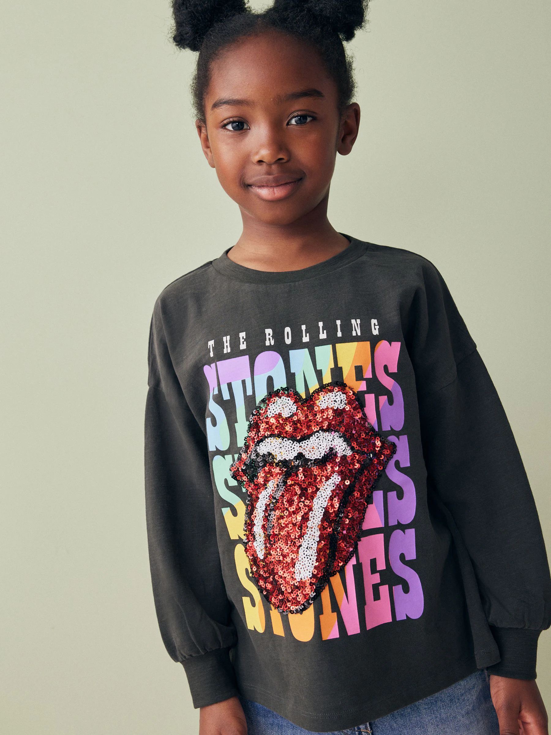 Antraciet - Rainbow Rolling Stones T-shirt met lange mouwen van 100% katoen met pailletten (3-16jr)