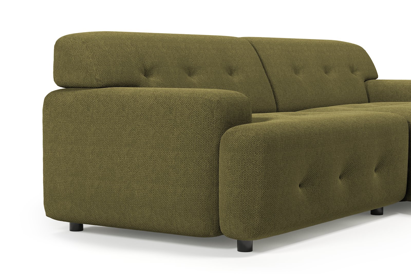 Bob sofa 1,5-seter med sjeselong høyre. Tekstil Mito 88 Moss Green med sorte ben.
