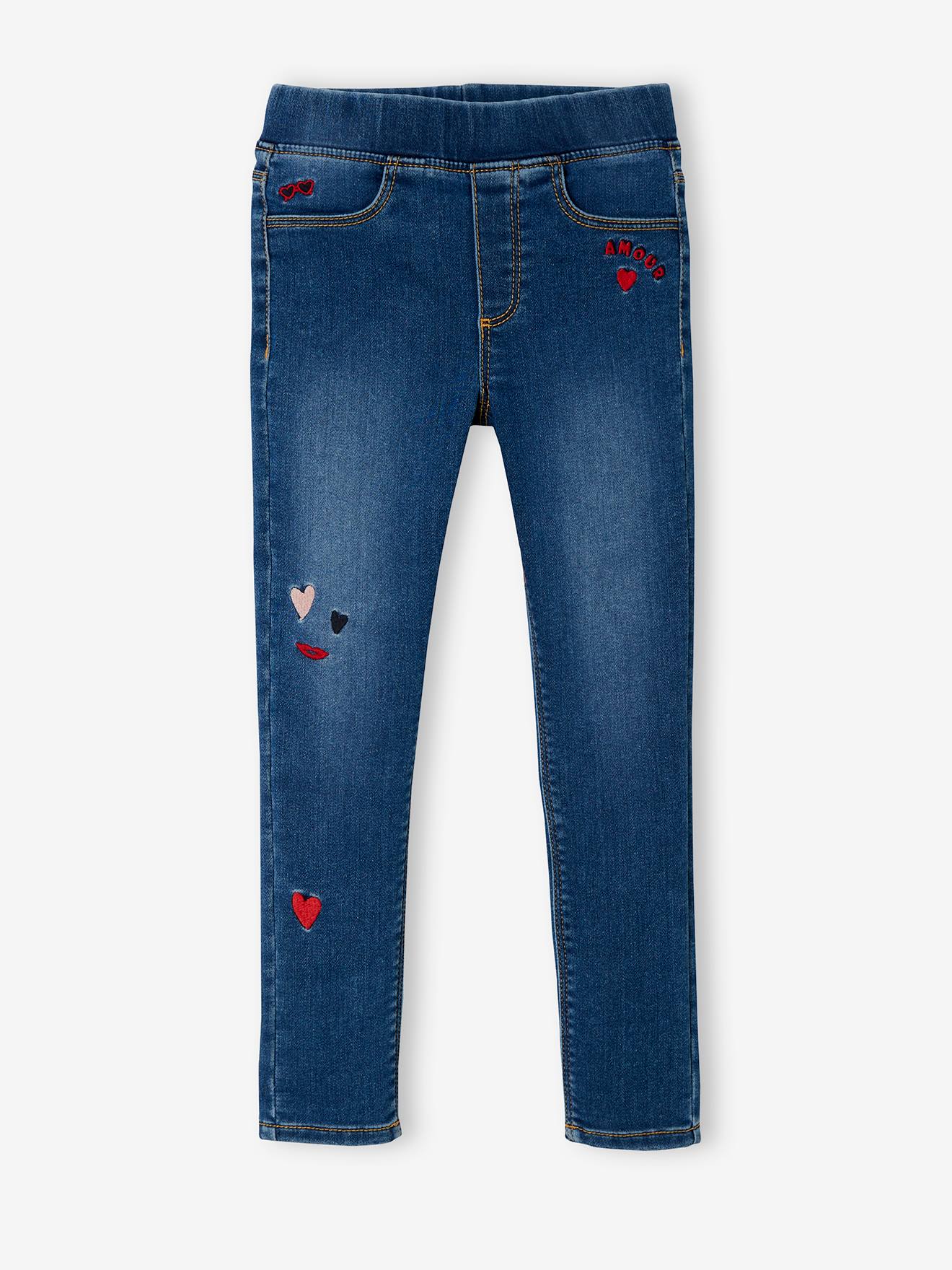 Calça legging feminina em tecido atoalhado bordado com efeito jeans, na cor azul médio lisa com estampas.