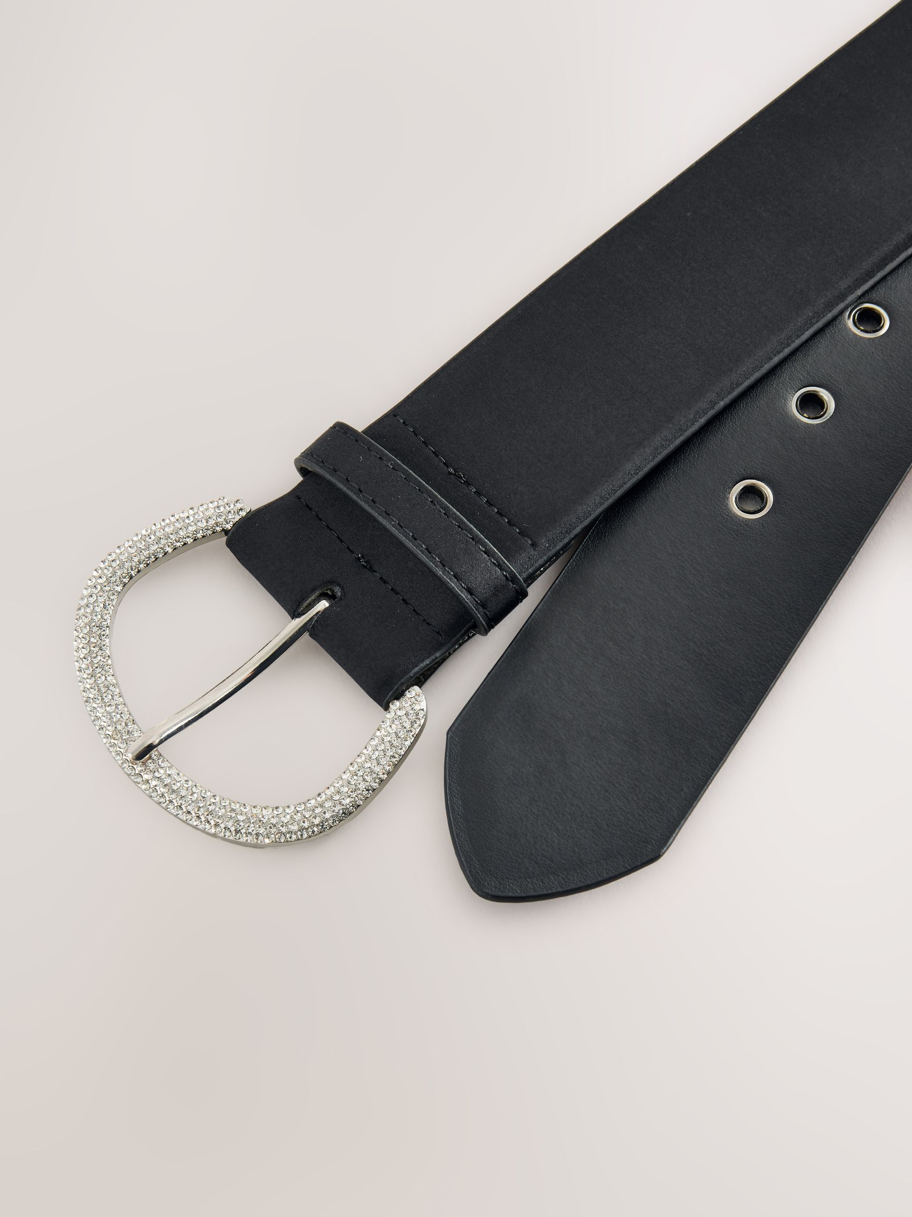 Zwart - Satin Belt with Diamante Buckle
