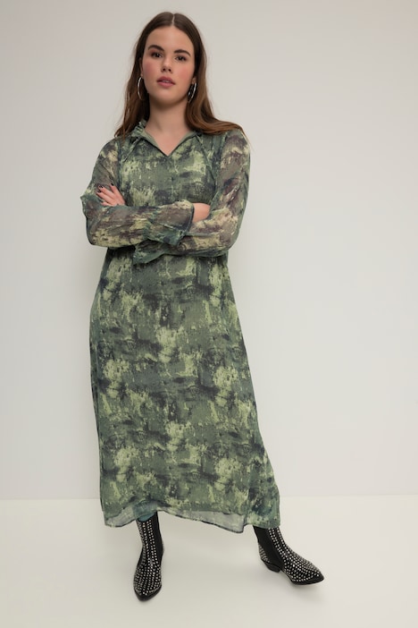 Maxikleid, A-Line, Chiffon, Allover-Print, Rüschenkragen, Langarm