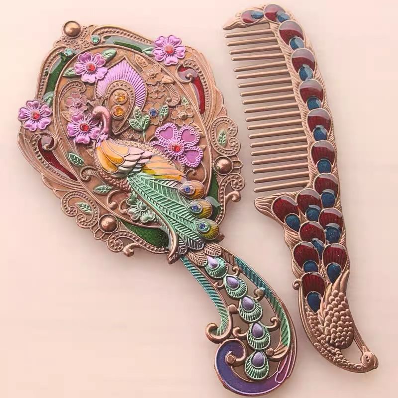 tuban - Set: Peacock Alloy Handheld Mirror + Hair Comb
