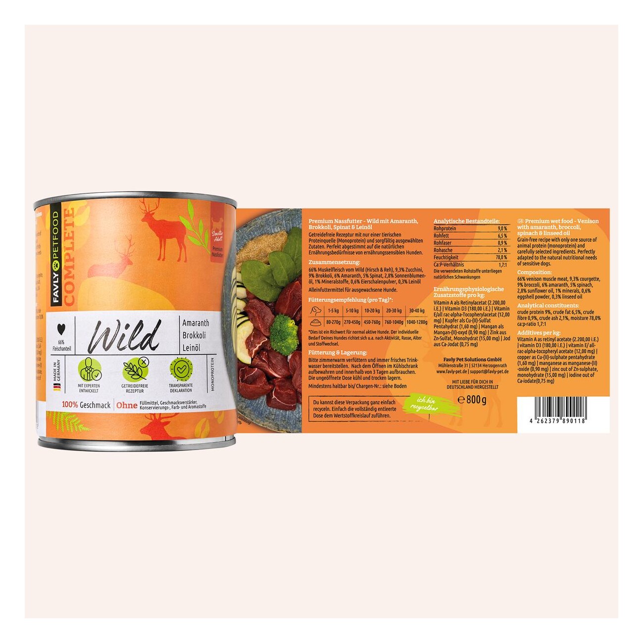 FAVLY Petfood Nassfutter Wild mit Amaranth, Brokkoli & Leinöl 6x800 g