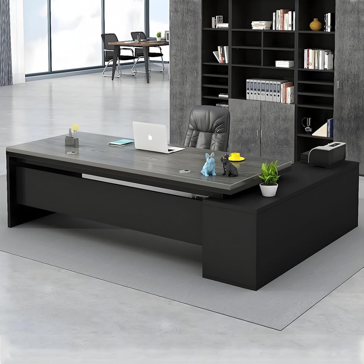 Büro-Computertisch, L-förmig, Executive, mit Holzsockel, Home-Office-Möbelset mit Schubladen und Ablageflächen, U-förmiger Schreibtisch (Grau, 180 cm L x 81 cm B x 76 cm H)