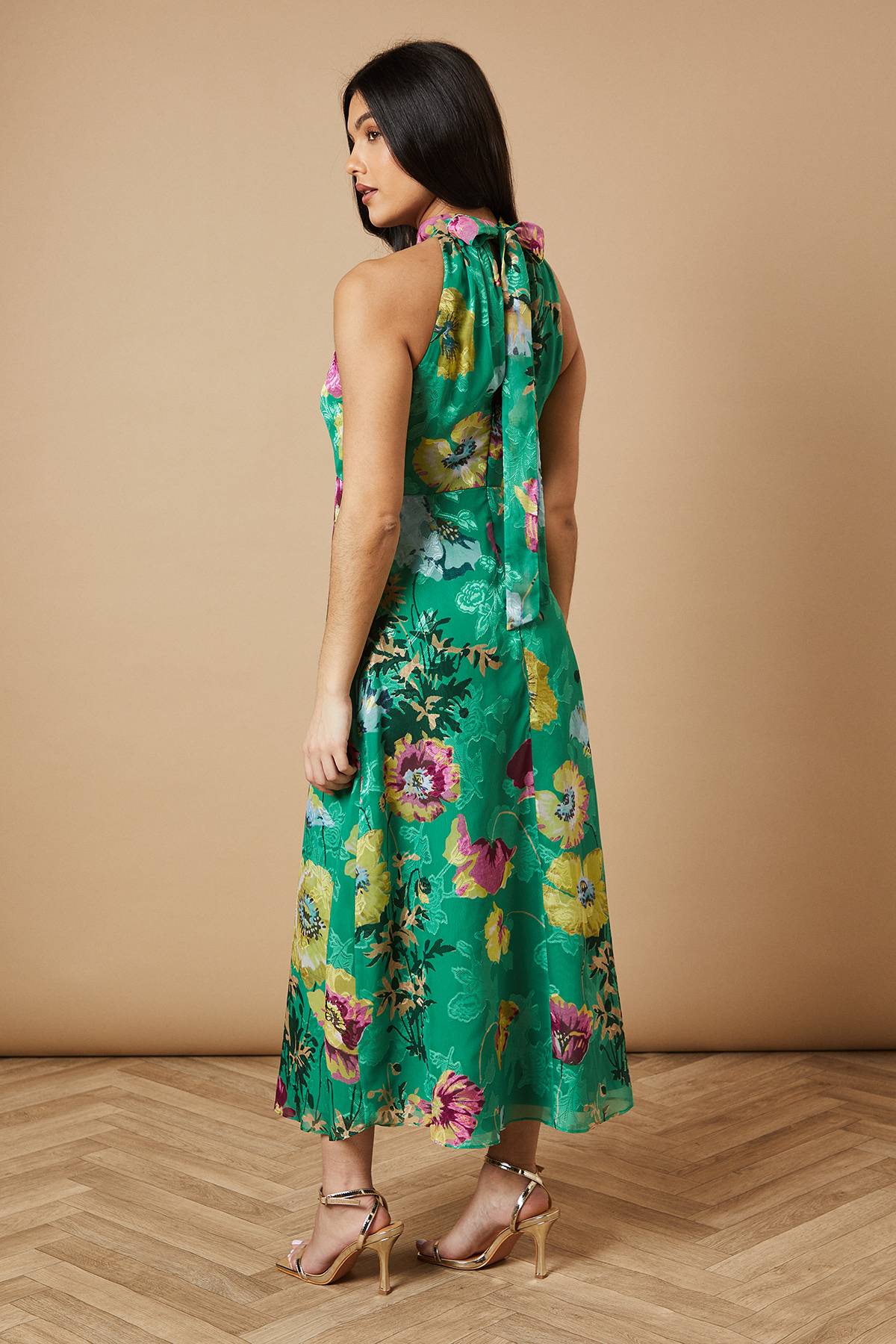 Oasis Robe Mi-Longue à Col Licou en Satin Dévoré Floral