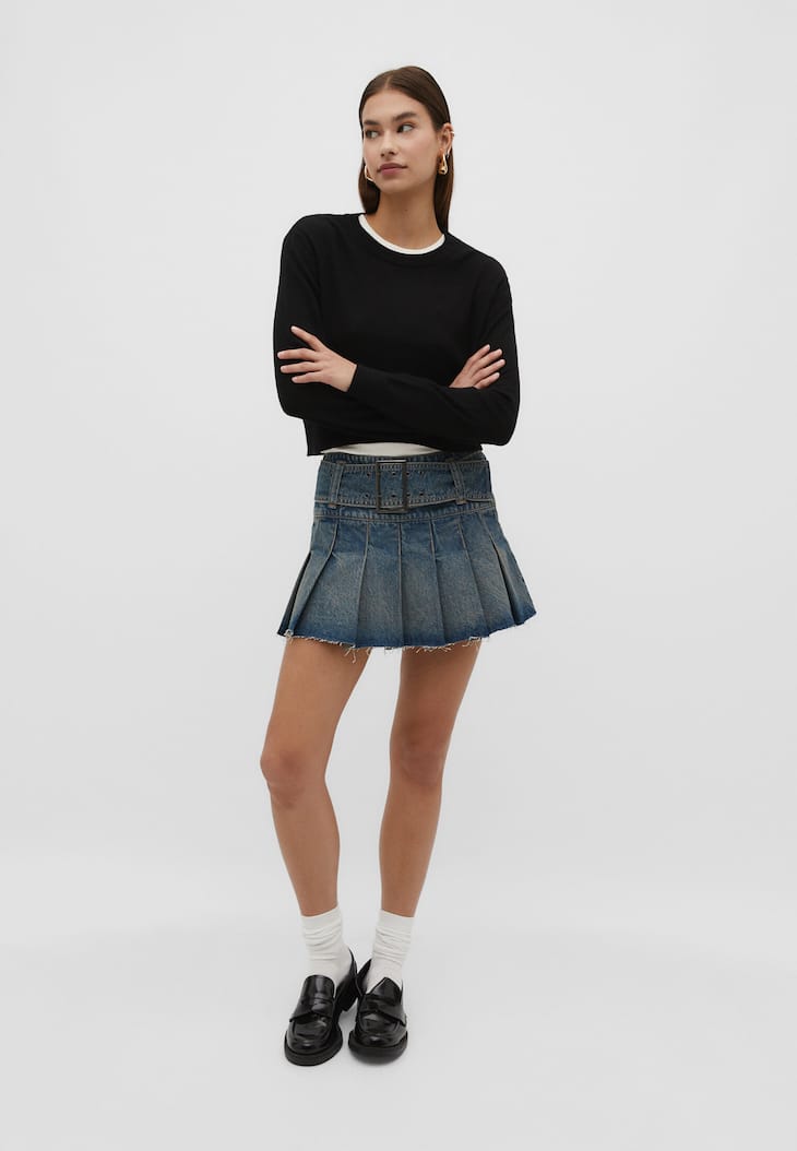 Minissaia jeans com pregas caixa