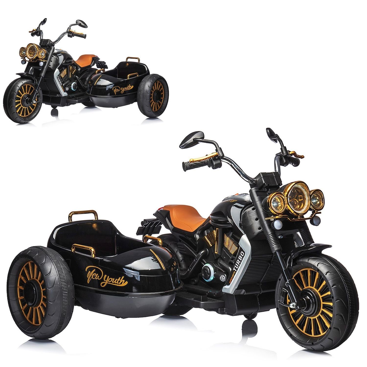 Motocicleta elétrica infantil Chipolino DUO, capacidade de carga 50 kg, TRON, sidecar, função de música, para 2 crianças.